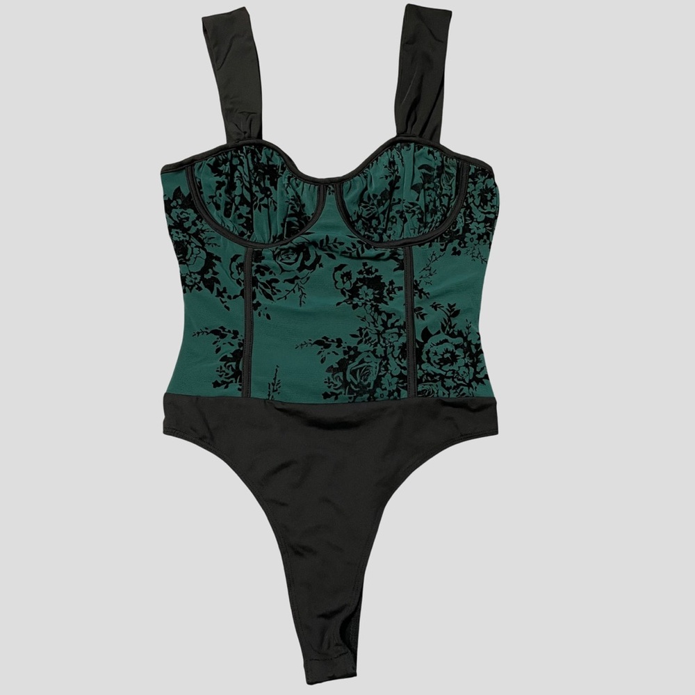 Lulus Burnout Floral Bustier Bodysuit Green Black Size Small Stretchy Feminine